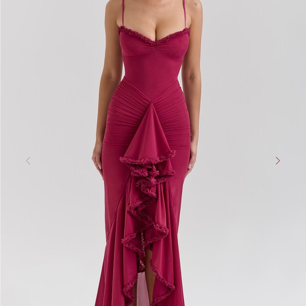 House of CB Pink Asymmetrical Ruffled Maxi Dress